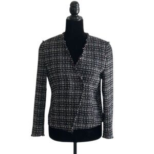 HUGO BOSS Womens Jemilia Black White Tweed Collarless Jacket 3/4 Sleeve, 4